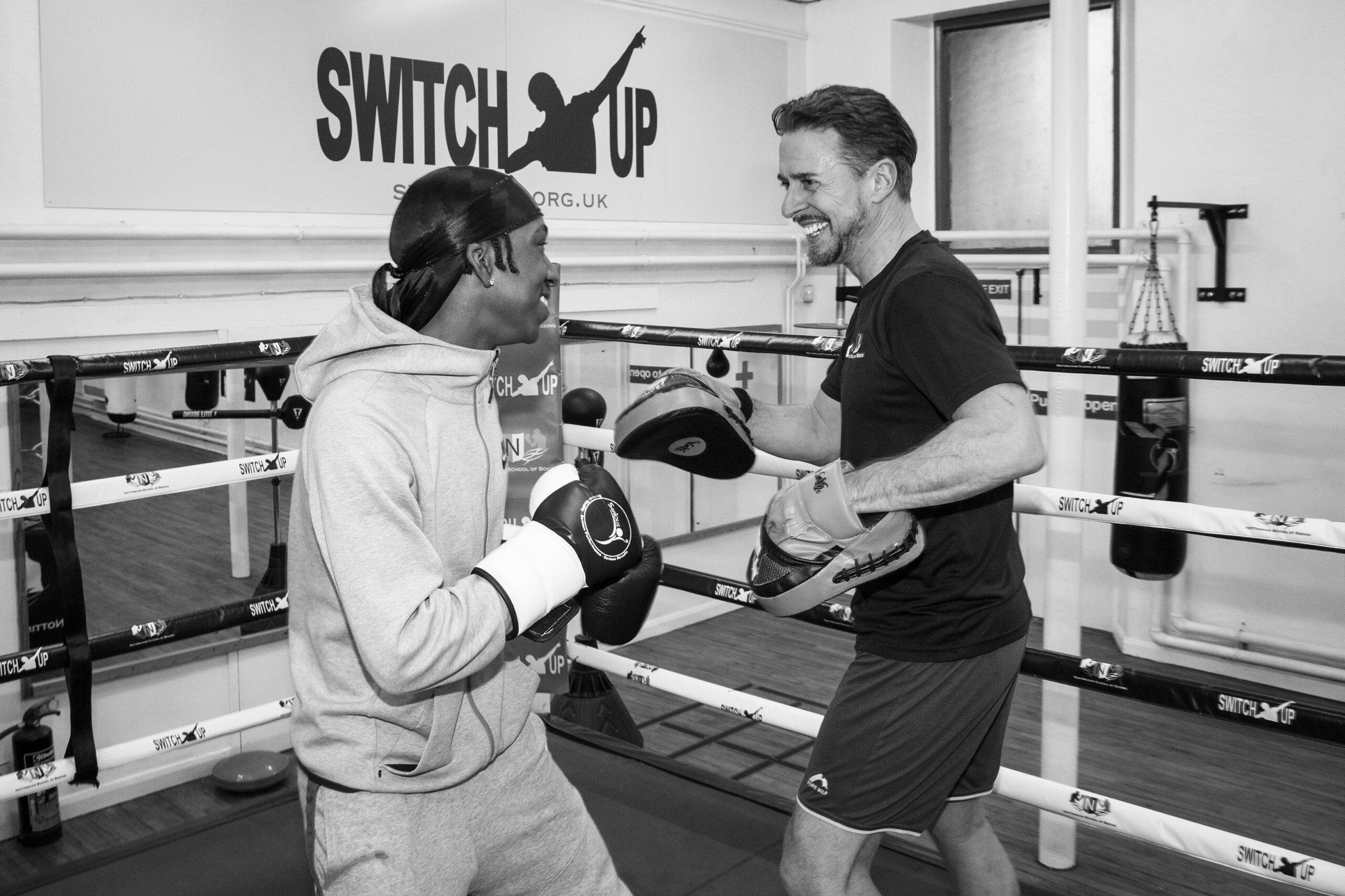 Randy in the ring with Ash for a boxing training session at Switch Up, Nottingham School of Boxing, Nottingham, United Kingdom. (photo by Andy Aitchison)